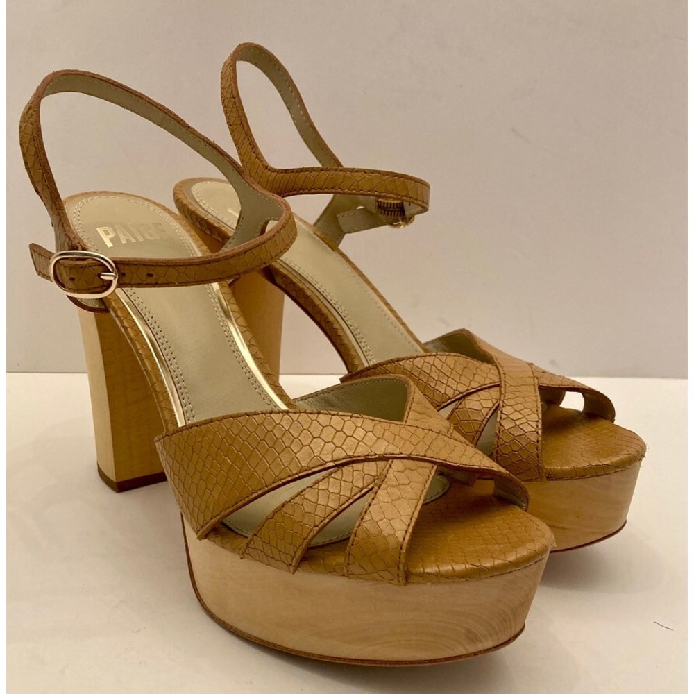 Paige Cassie Snake-Embossed Leather Platform Sandals Womens‎ Size 8.5 Tan